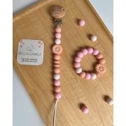 Peach Flower Pacifier Clip & Teething Ring Set