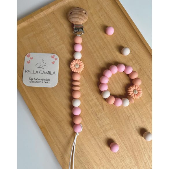 Peach Flower Pacifier Clip & Teething Ring Set